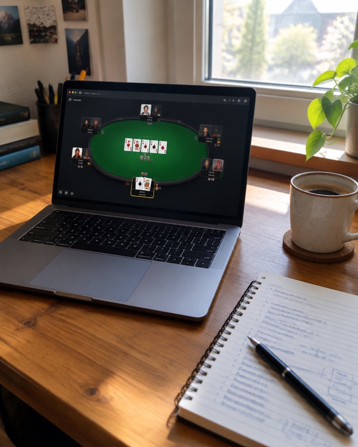 Laptop with a poker table and a notebook of notes