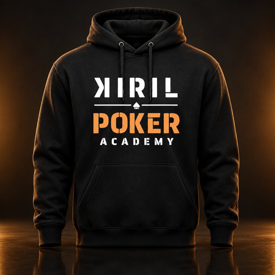 Black hoodie with the KIRIL Poker Academy logo